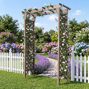 Flat Top Garden Arch with Gate 85" Tall Wood for Climbing Plants and Wedding-Brown