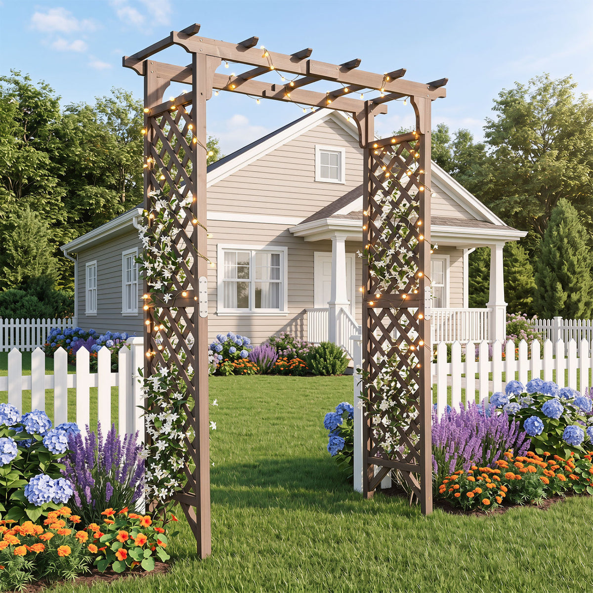 Flat Top Garden Arch with Gate 85" Tall Wood for Climbing Plants and Wedding-Brown