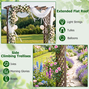 Flat Top Garden Arch with Gate 85" Tall Wood for Climbing Plants and Wedding-Brown