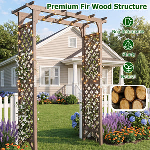 Flat Top Garden Arch with Gate 85" Tall Wood for Climbing Plants and Wedding-Brown