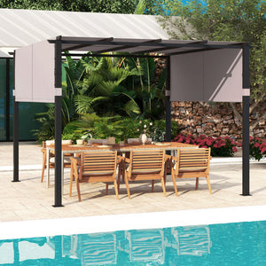 10 x 10 ft Flat Top Pergola with Retractable Canopy for Garden Pool Porch and Backyard-Gray