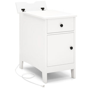 Flip Top End Table with Charging Station USB Ports Outlets and Drawer-White