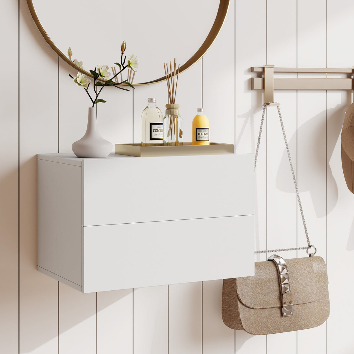 Floating Nightstand with 2 Storage Drawers Wall Mounted for Bedroom-White