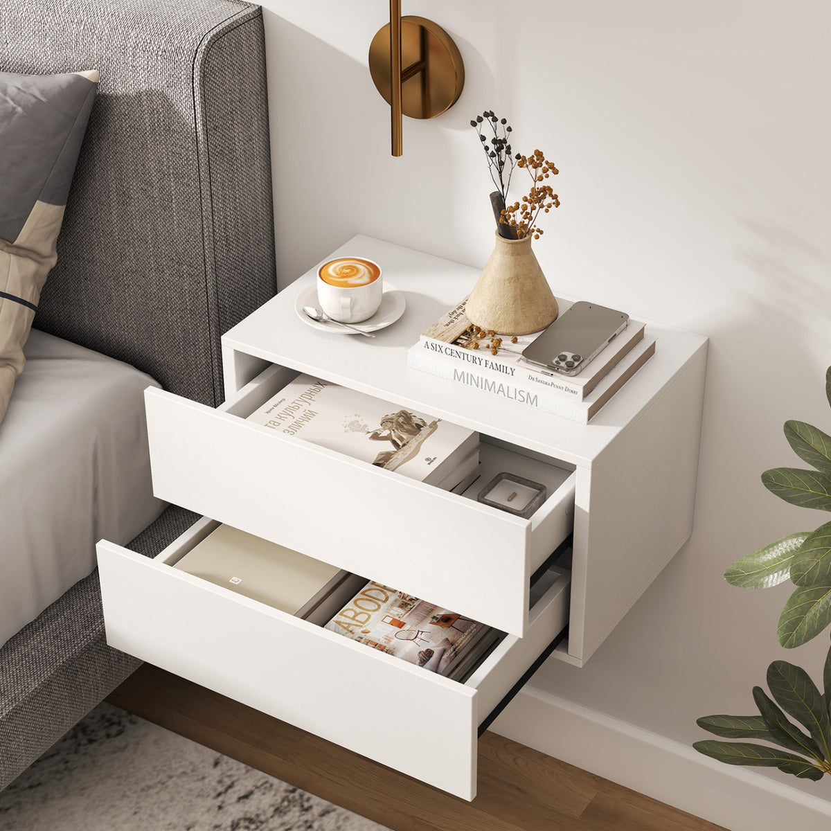 Floating Nightstand with 2 Storage Drawers Wall Mounted for Bedroom-White