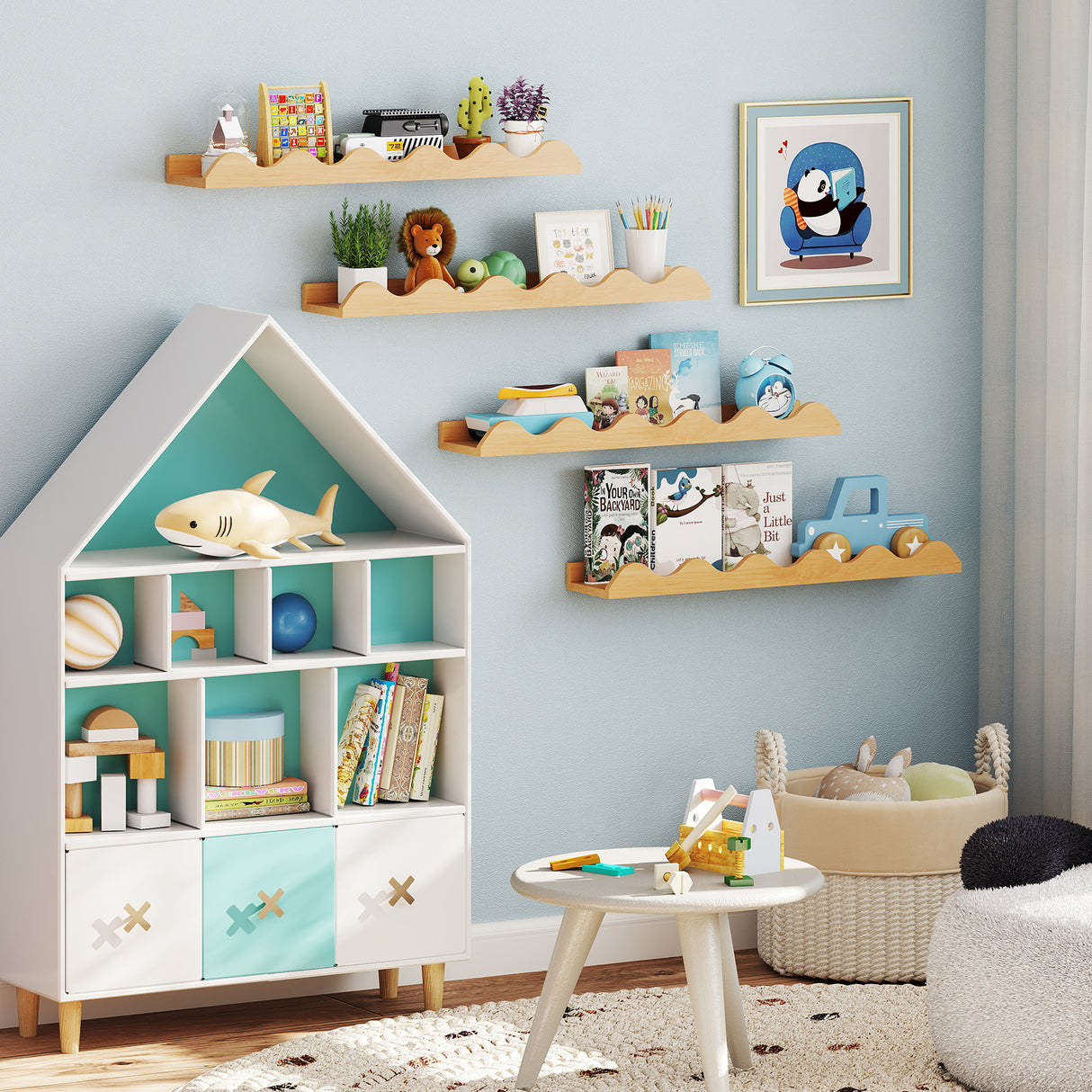 24 Inch Kids Bookshelf Set of 4 Wall-Mounted Picture Ledge Shelf-Natural