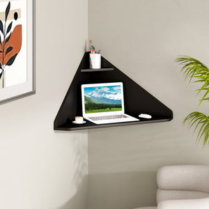 Floating Triangular Corner Computer Desk with Storage Shelf-Black