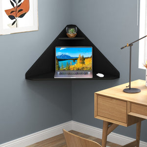 Floating Triangular Corner Computer Desk with Storage Shelf-Black