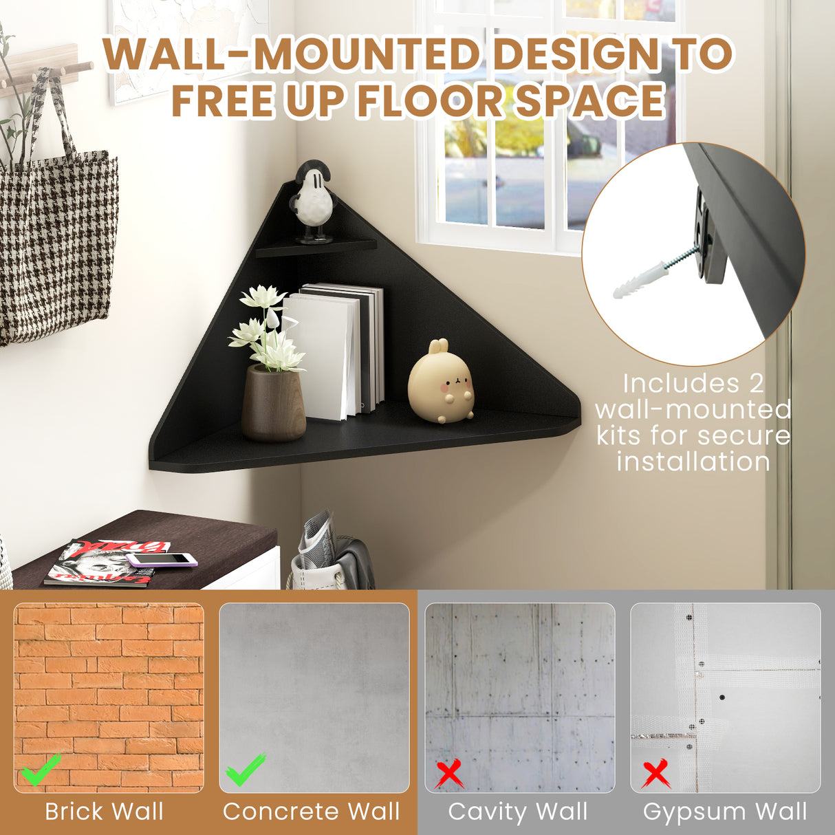 Floating Triangular Corner Computer Desk with Storage Shelf-Black
