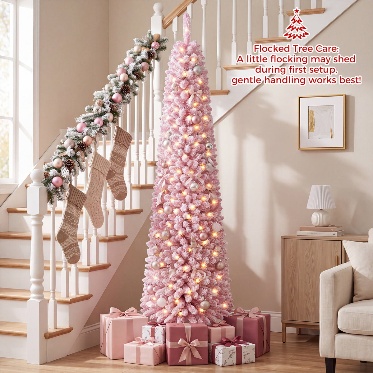Flocked Pencil Christmas Tree with 8 Modes Pre-Lit Artificial Fir Xmas Tree-7 FT