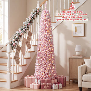 Flocked Pencil Christmas Tree with 8 Modes Pre-Lit Artificial Fir Xmas Tree-7 FT