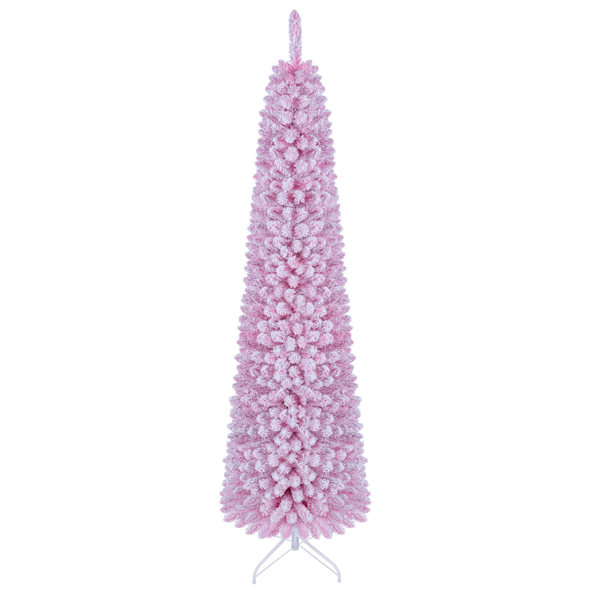 Flocked Pencil Christmas Tree with 8 Modes Pre-Lit Artificial Fir Xmas Tree-7 FT