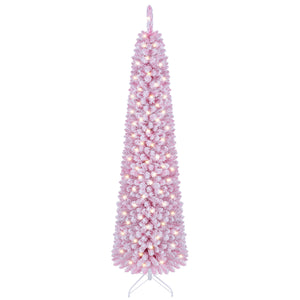 Flocked Pencil Christmas Tree with 8 Modes Pre-Lit Artificial Fir Xmas Tree-7 FT