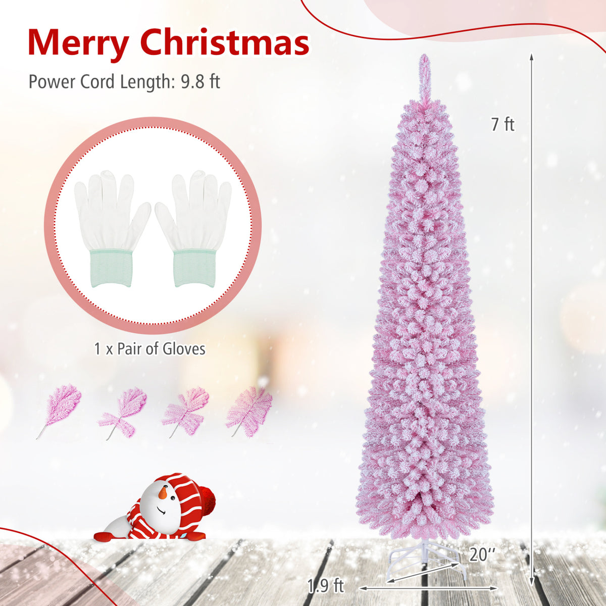 Flocked Pencil Christmas Tree with 8 Modes Pre-Lit Artificial Fir Xmas Tree-7 FT