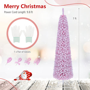 Flocked Pencil Christmas Tree with 8 Modes Pre-Lit Artificial Fir Xmas Tree-7 FT