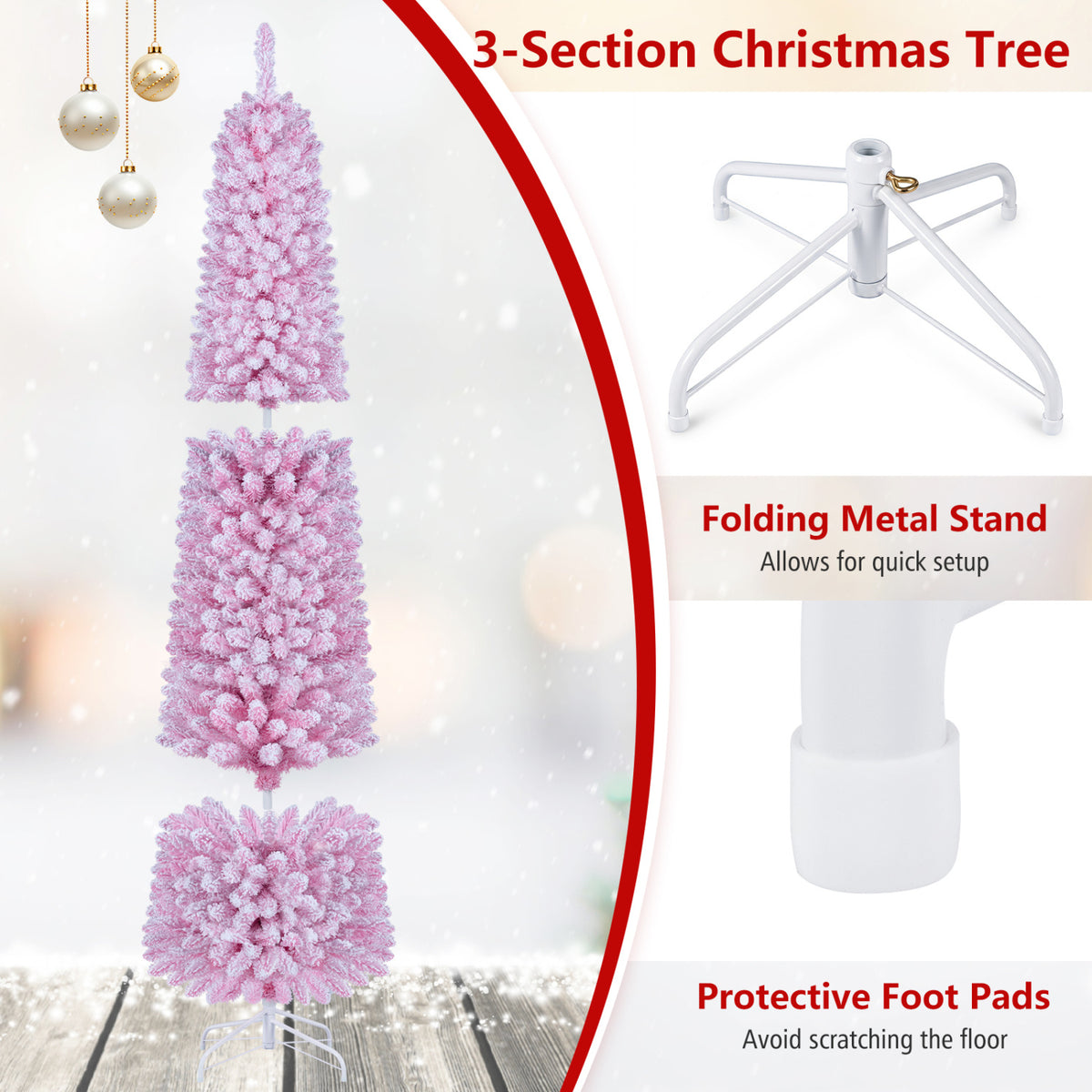 Flocked Pencil Christmas Tree with 8 Modes Pre-Lit Artificial Fir Xmas Tree-7 FT