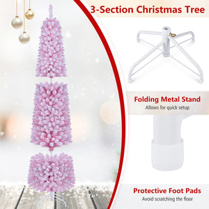Flocked Pencil Christmas Tree with 8 Modes Pre-Lit Artificial Fir Xmas Tree-7 FT