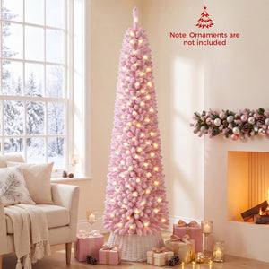 Flocked Pencil Christmas Tree with 8 Modes Pre-Lit Artificial Fir Xmas Tree-7 FT