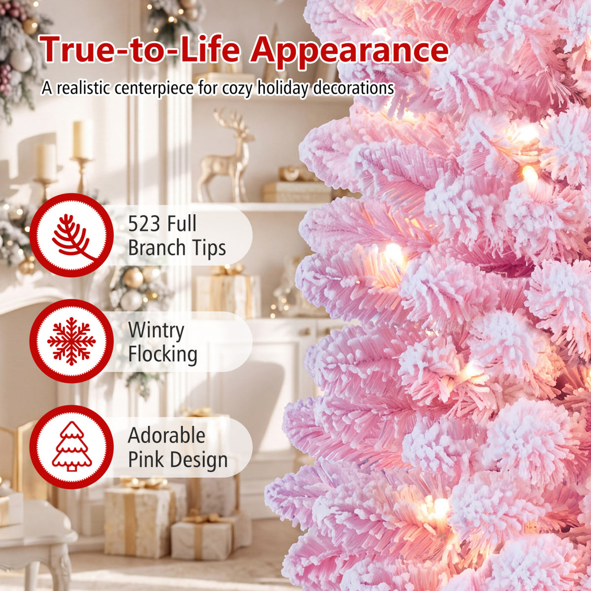 Flocked Pencil Christmas Tree with 8 Modes Pre-Lit Artificial Fir Xmas Tree-7 FT
