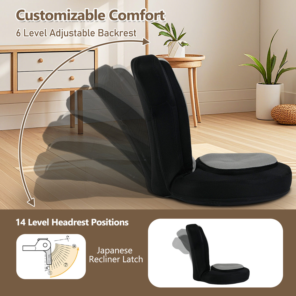Floor Comfy Gaming Leisure Chair with Adjustable Headrest and Backrest-Gray