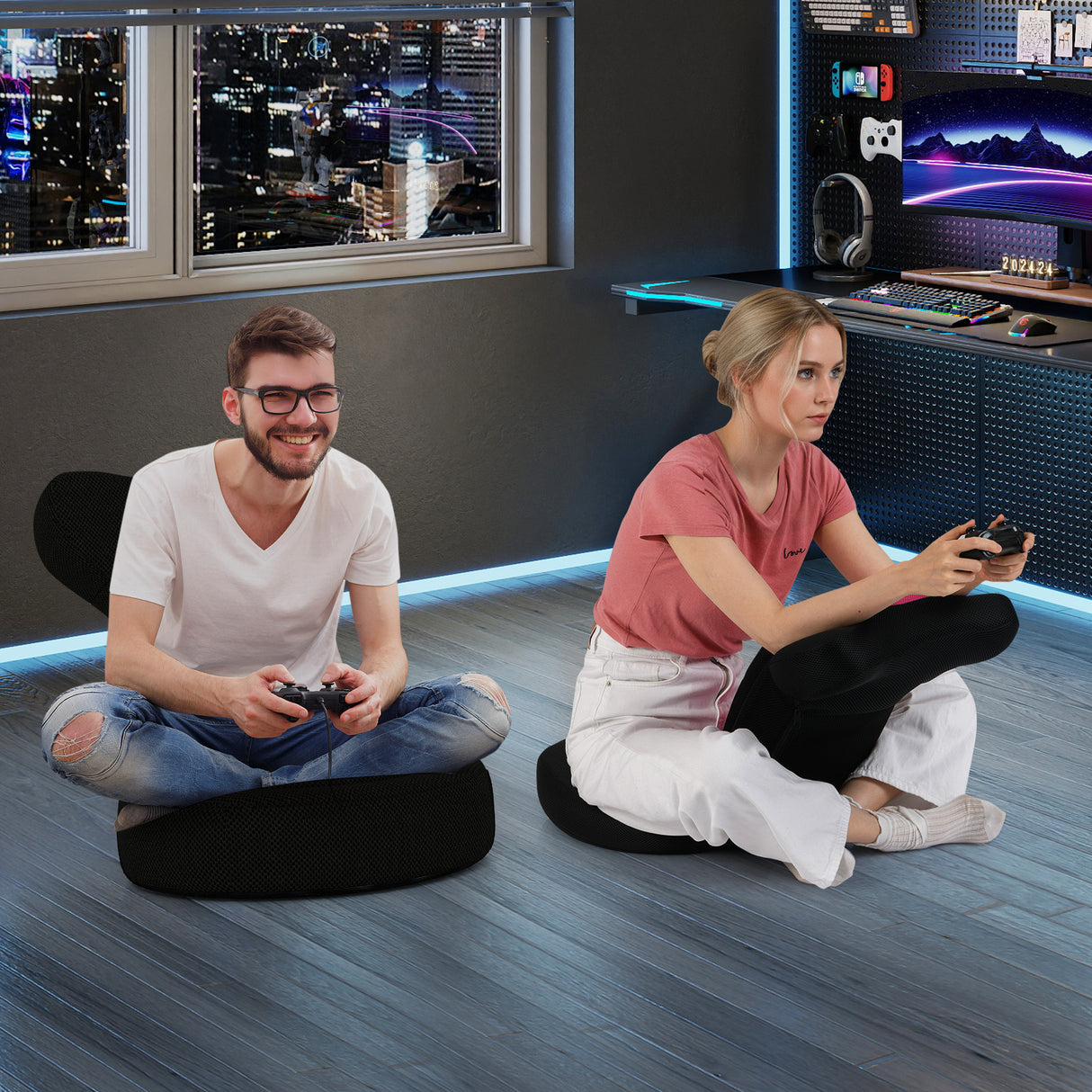 Floor Comfy Gaming Leisure Chair with Adjustable Headrest and Backrest-Pink