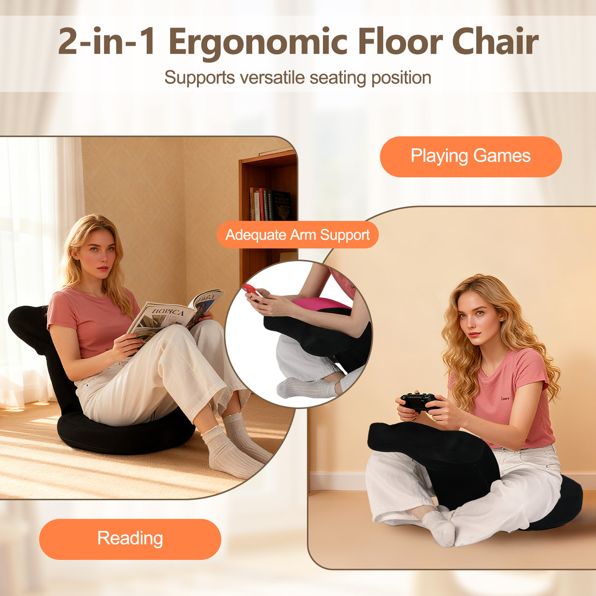 Floor Comfy Gaming Leisure Chair with Adjustable Headrest and Backrest-Pink