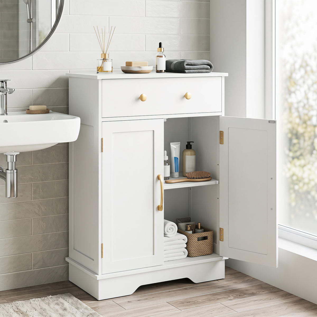 Floor Storage Cabinet with Doors Modern Buffet Sideboard with Drawer and Adjustable Shelf-White