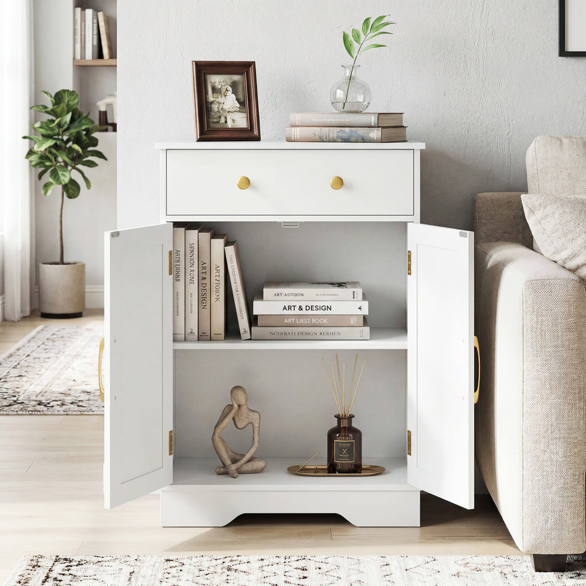 Floor Storage Cabinet with Doors Modern Buffet Sideboard with Drawer and Adjustable Shelf-White