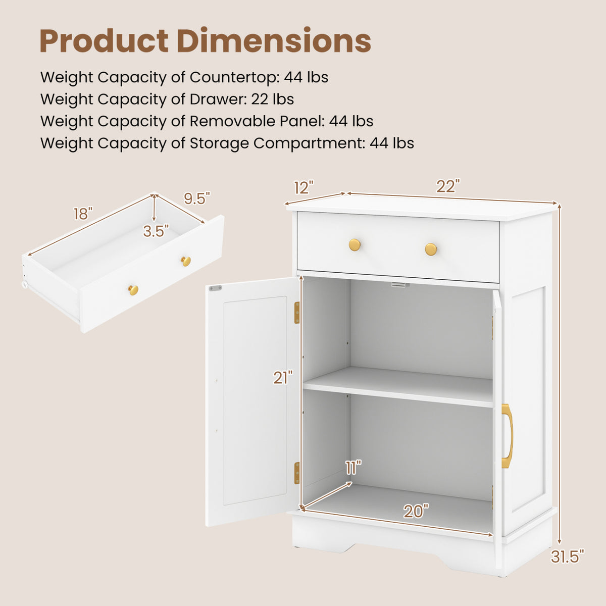 Floor Storage Cabinet with Doors Modern Buffet Sideboard with Drawer and Adjustable Shelf-White