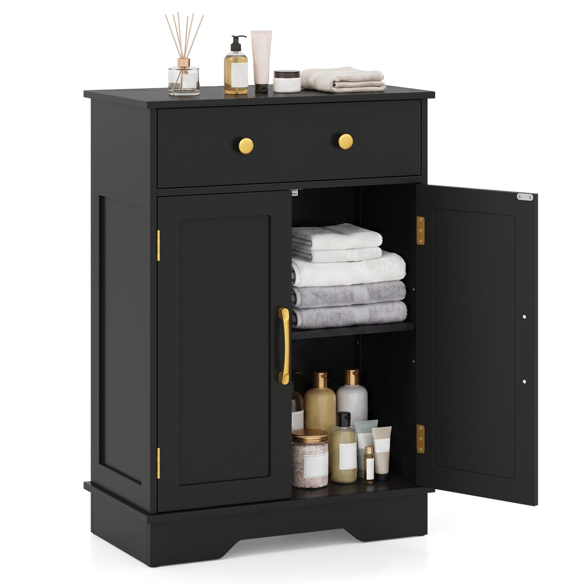 Floor Storage Cabinet with Doors Modern Buffet Sideboard with Drawer and Adjustable Shelf-Black
