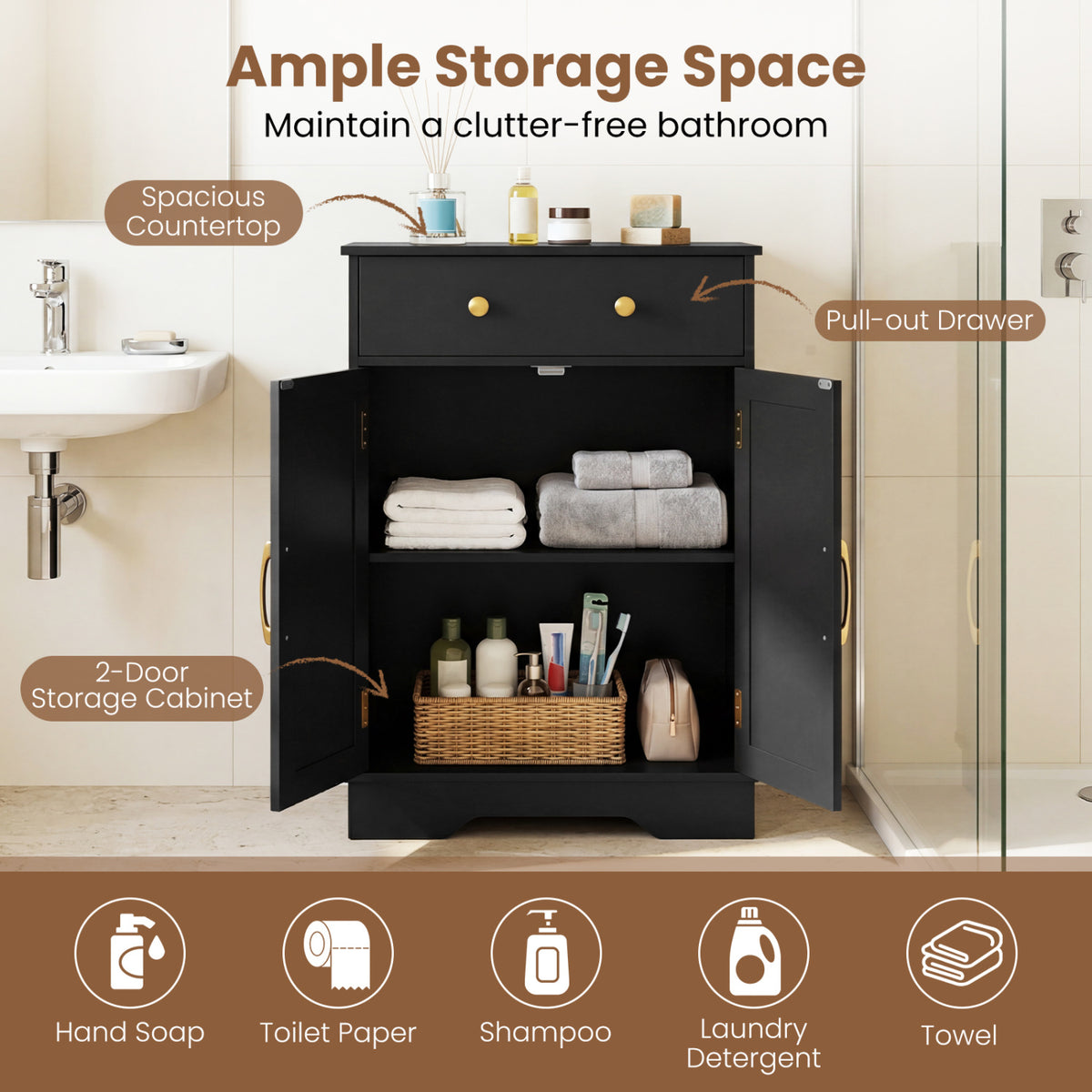Floor Storage Cabinet with Doors Modern Buffet Sideboard with Drawer and Adjustable Shelf-Black