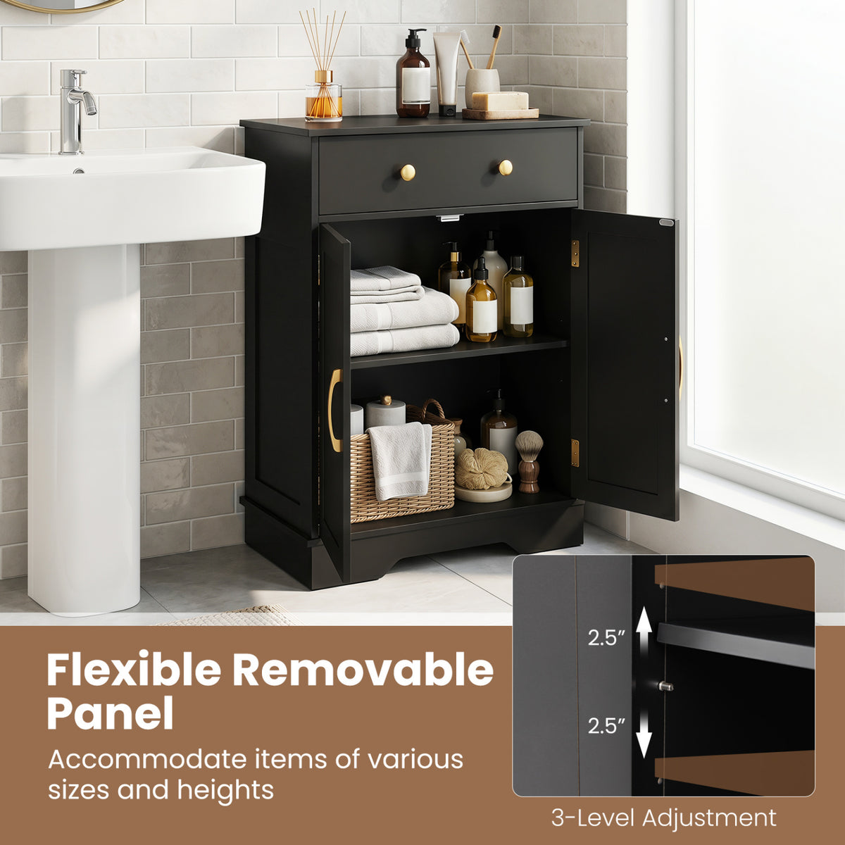 Floor Storage Cabinet with Doors Modern Buffet Sideboard with Drawer and Adjustable Shelf-Black