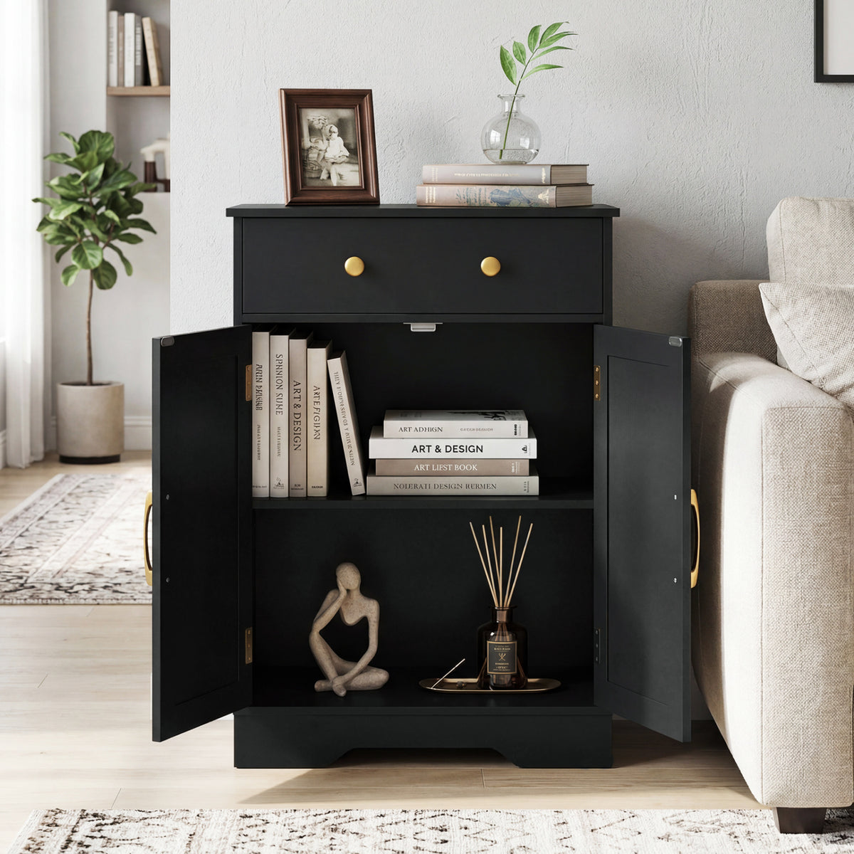 Floor Storage Cabinet with Doors Modern Buffet Sideboard with Drawer and Adjustable Shelf-Black