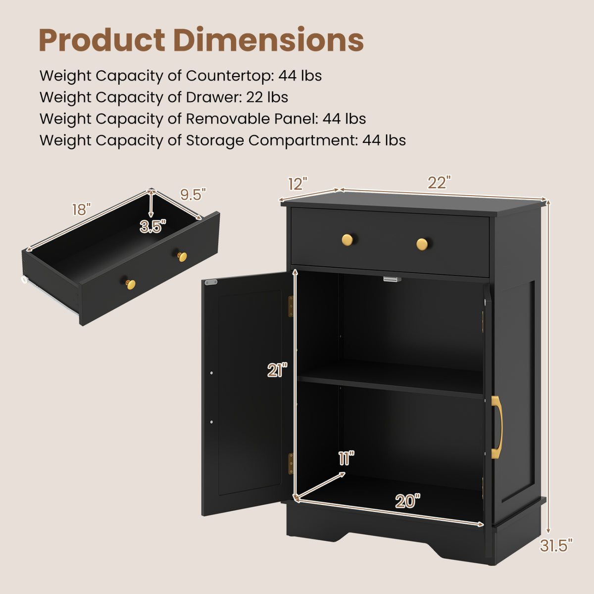 Floor Storage Cabinet with Doors Modern Buffet Sideboard with Drawer and Adjustable Shelf-Black