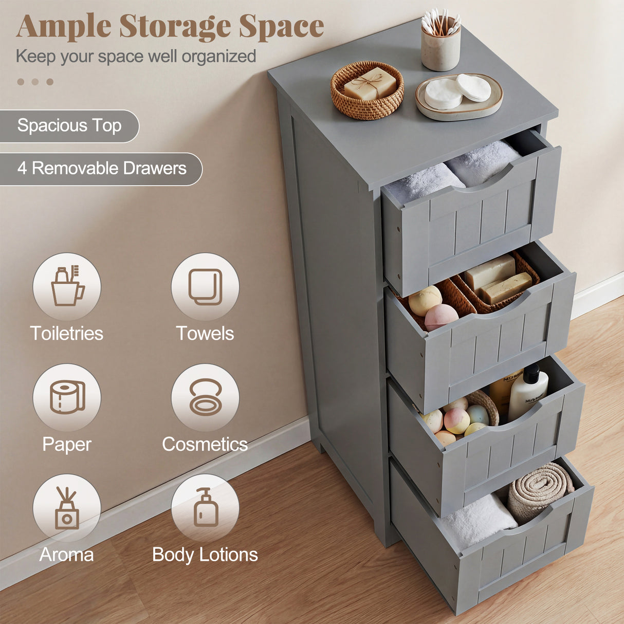 Floor Wooden Free Standing Storage Side Organizer for Bathroom-White
