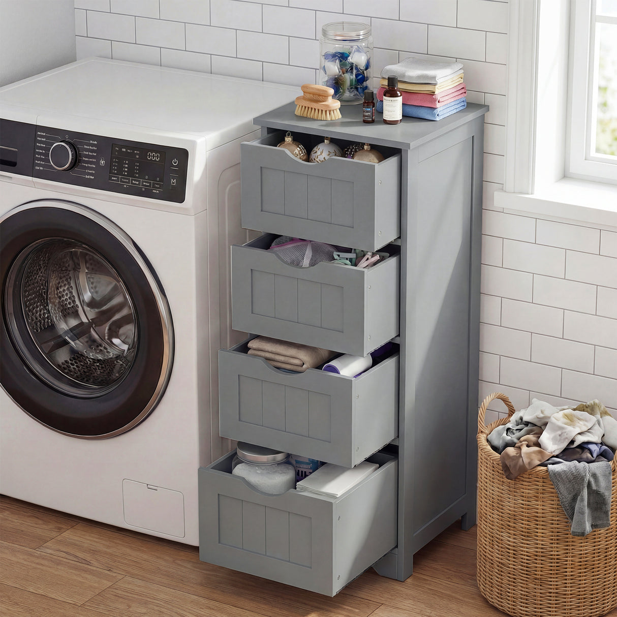 Floor Wooden Free Standing Storage Side Organizer for Bathroom-White