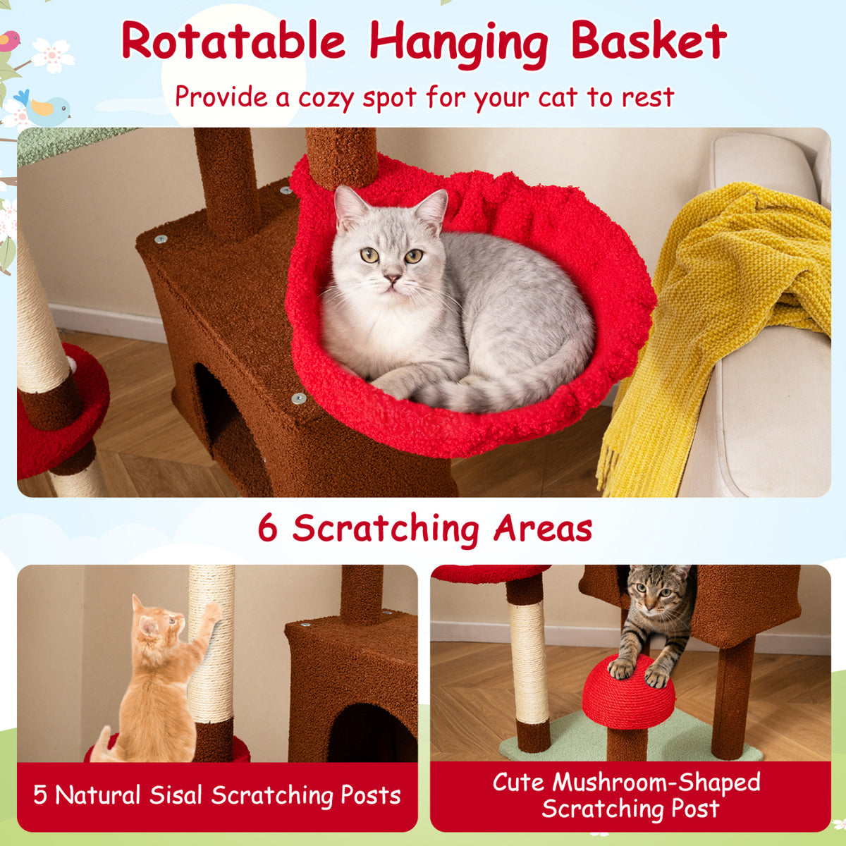 Floor to Ceiling Cat Tree Adjustable Mushroom Themed with Condo and Hammock-Brown
