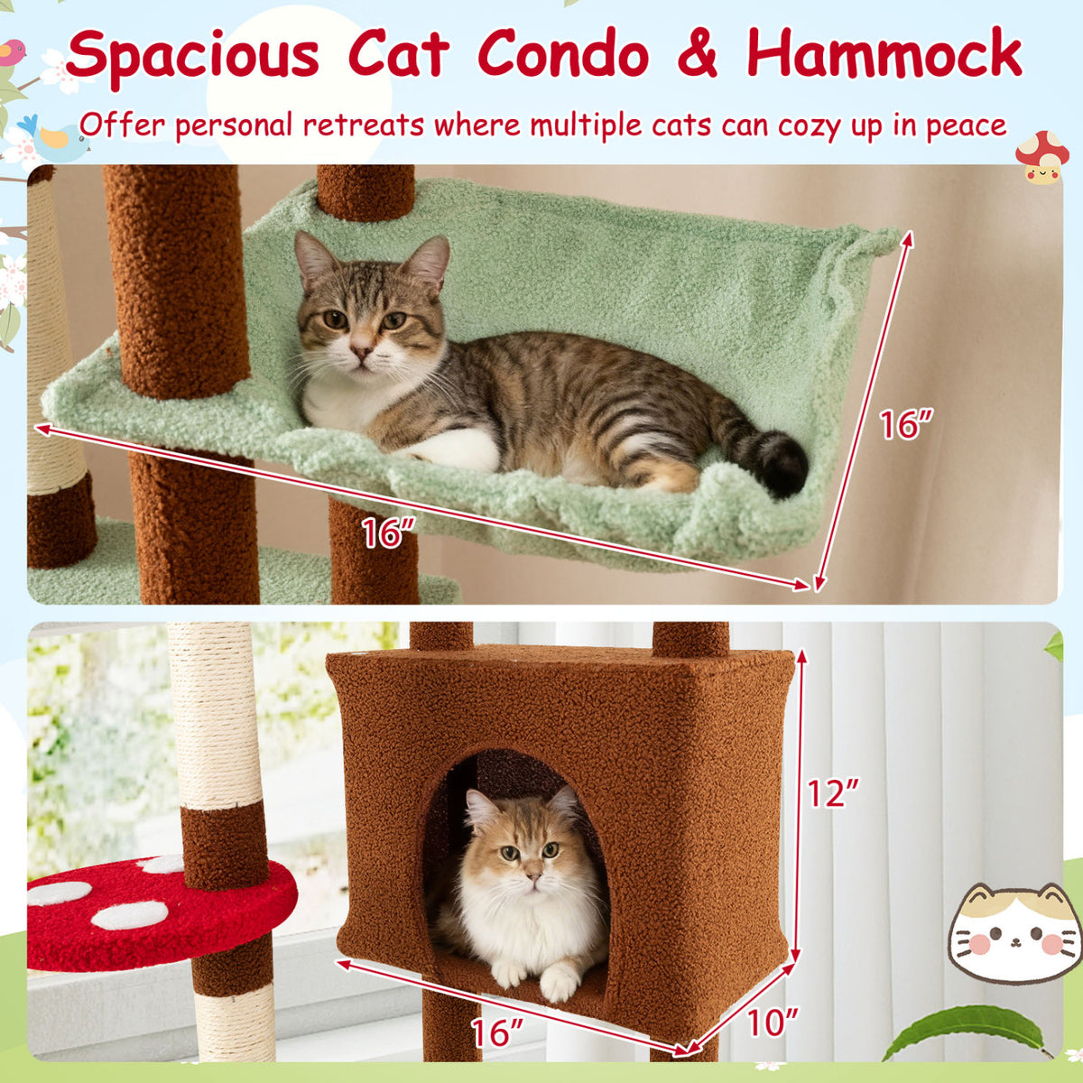 Floor to Ceiling Cat Tree Adjustable Mushroom Themed with Condo and Hammock-Brown