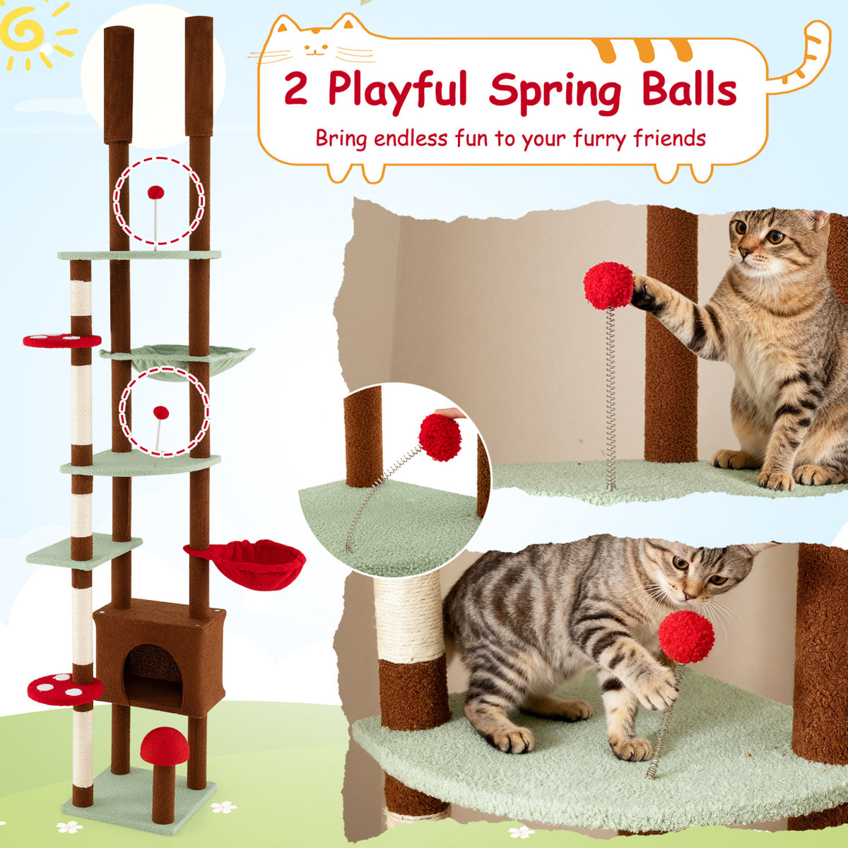 Floor to Ceiling Cat Tree Adjustable Mushroom Themed with Condo and Hammock-Brown