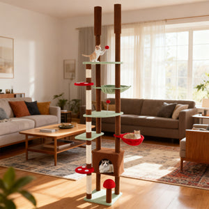 Floor to Ceiling Cat Tree Adjustable Mushroom Themed with Condo and Hammock-Brown