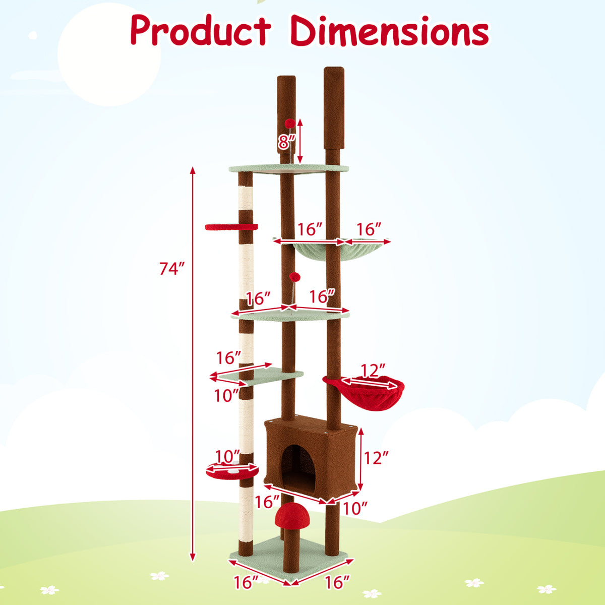 Floor to Ceiling Cat Tree Adjustable Mushroom Themed with Condo and Hammock-Brown