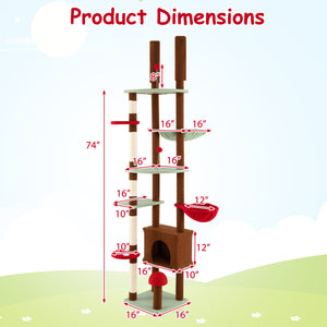 Floor to Ceiling Cat Tree Adjustable Mushroom Themed with Condo and Hammock-Brown