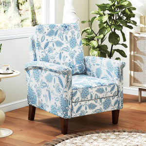 Floral Accent Chair Farmhouse Boho Armchair with Solid Wood Legs and High Back-Blue