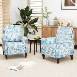 Floral Accent Chair Farmhouse Boho Armchair with Solid Wood Legs and High Back-Blue