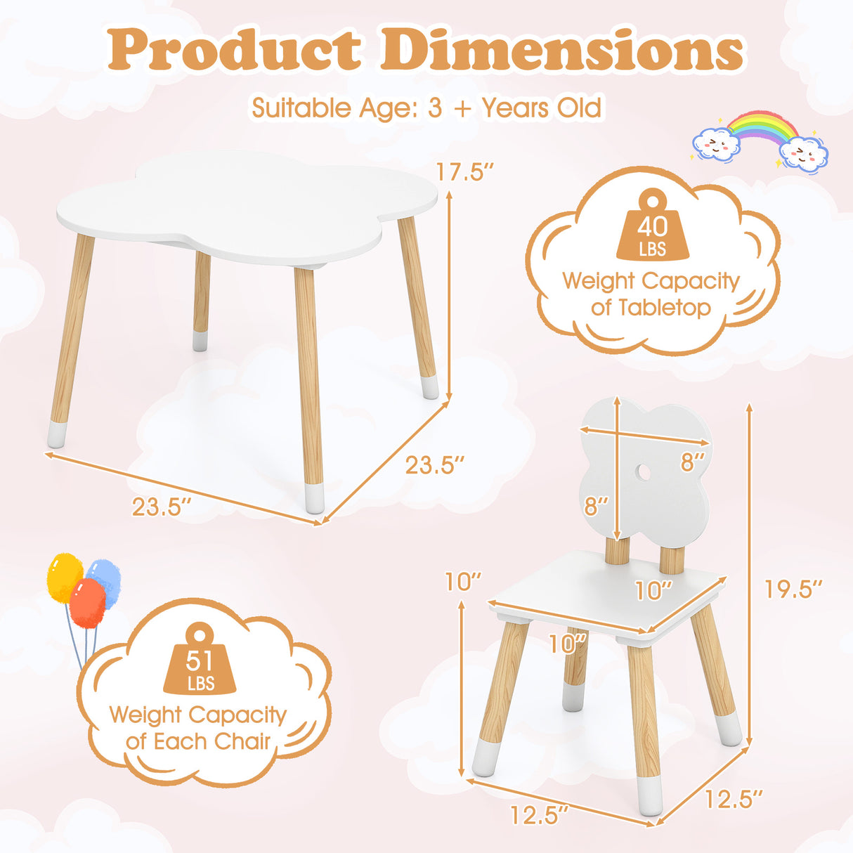 Flower-shaped Kids Table Set with Solid Pine Wood Legs-White