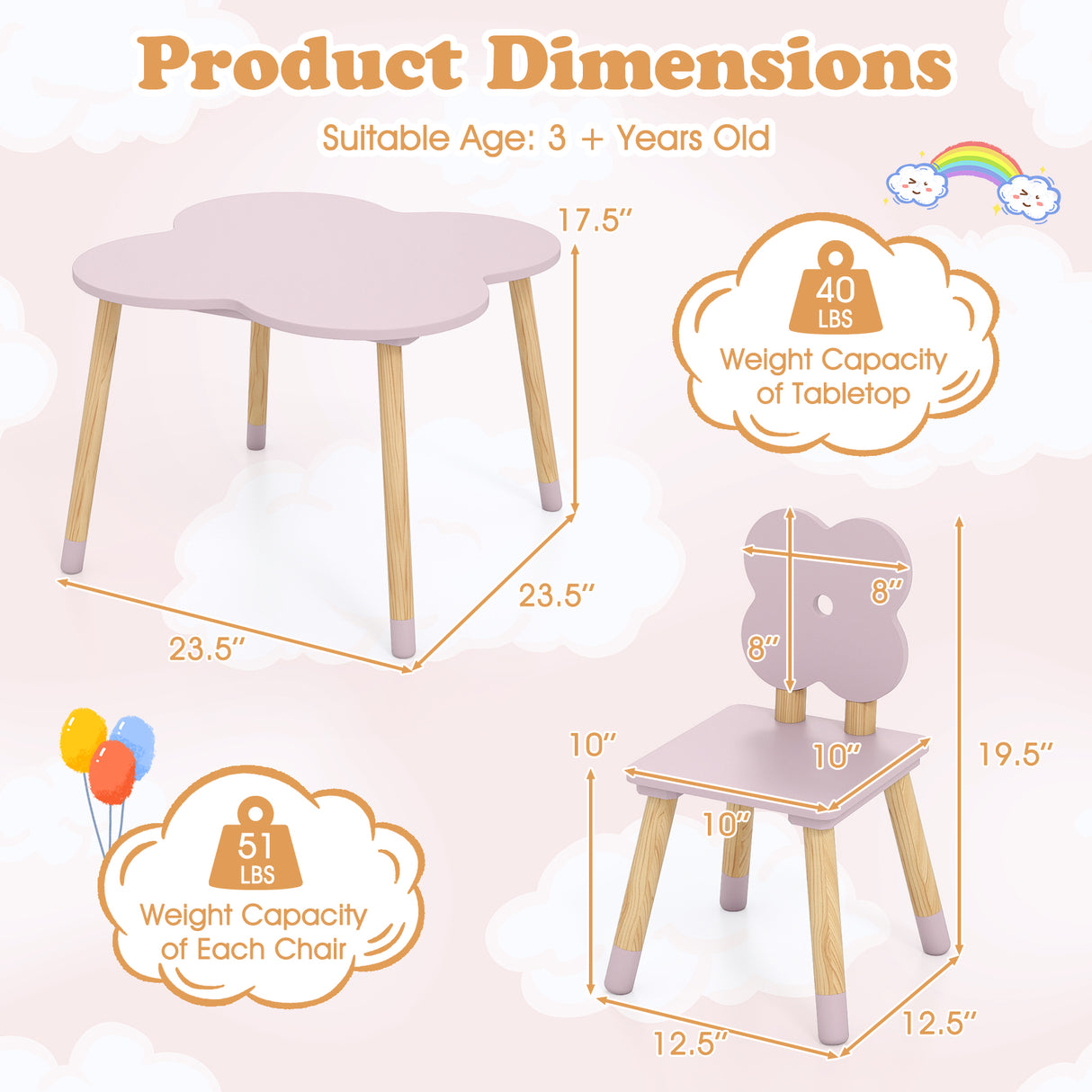 Flower-shaped Kids Table Set with Solid Pine Wood Legs-Pink