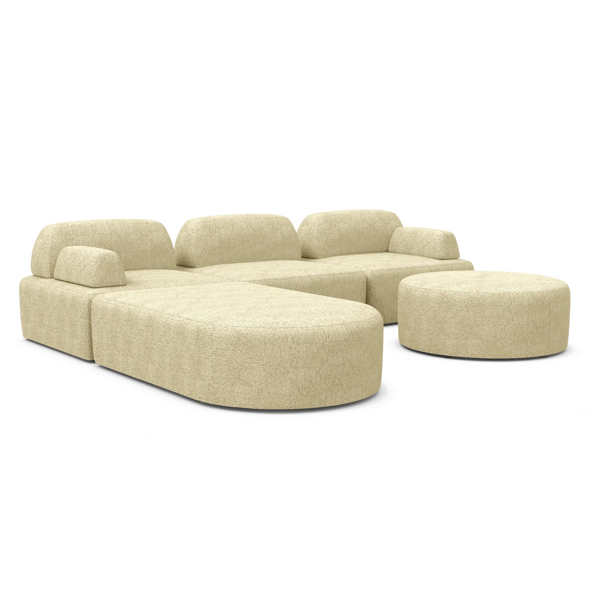 The Magna Preconfigured Sectional, a modern beige sectional sofa featuring curved edges, comes with a matching round ottoman. Set against a white background, this furniture piece highlights its minimalist design and plush texture.