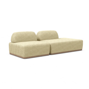 Introducing the Magna Preconfigured Sectional, a minimalist modern beige sectional sofa featuring two backrests and a wooden base. This stylish seating option consists of two connected pieces, providing spacious and contemporary comfort.