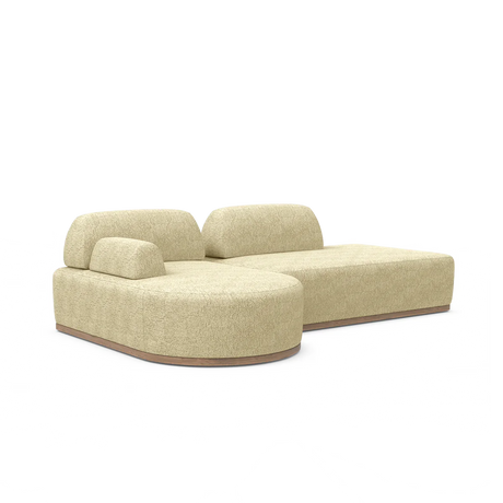 Introducing the Magna Preconfigured Sectional: a modern beige modular sofa featuring plush cushions and a low backrest. Its design includes rounded edges and a wooden base, providing a contemporary and comfortable seating option.