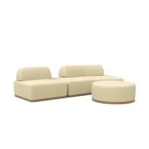 Introducing the Magna Preconfigured Sectional: a modular beige sofa set featuring three cushioned sections and a round ottoman. Its design boasts a minimalistic style with elegant wooden bases.