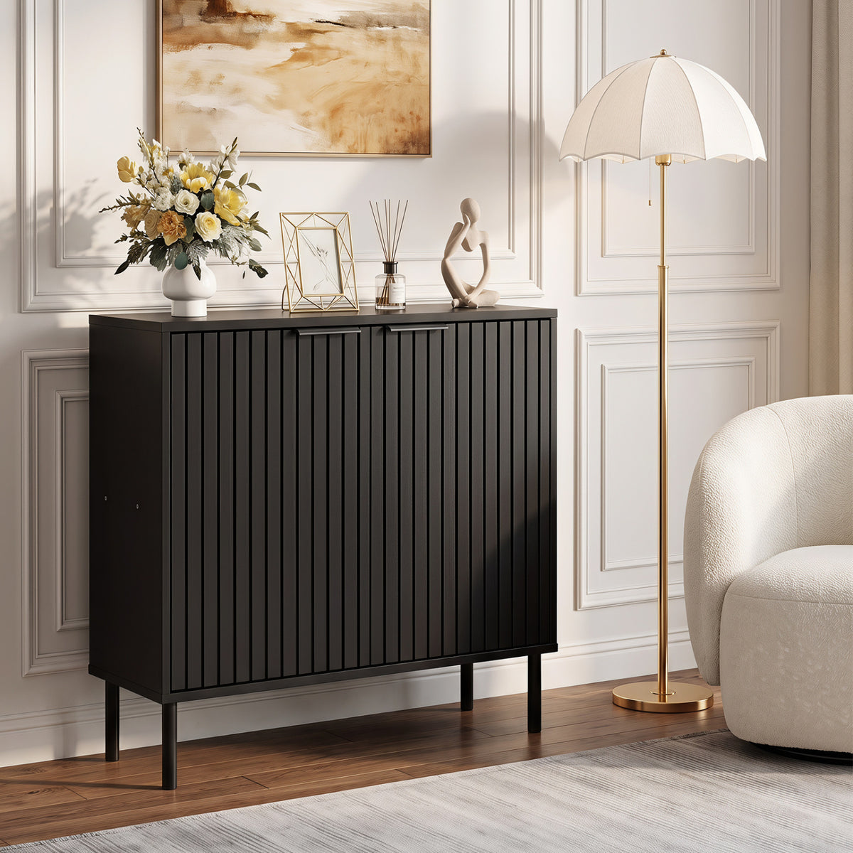 Fluted Buffet Cabinet with 2-Door Sideboard for Kitchen and Dining Room-Black